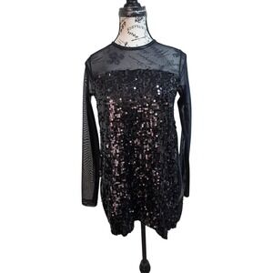 Weissman Black Sequin Mesh Long Sleeve Dance Top Medium Adult MA Keyhole Back